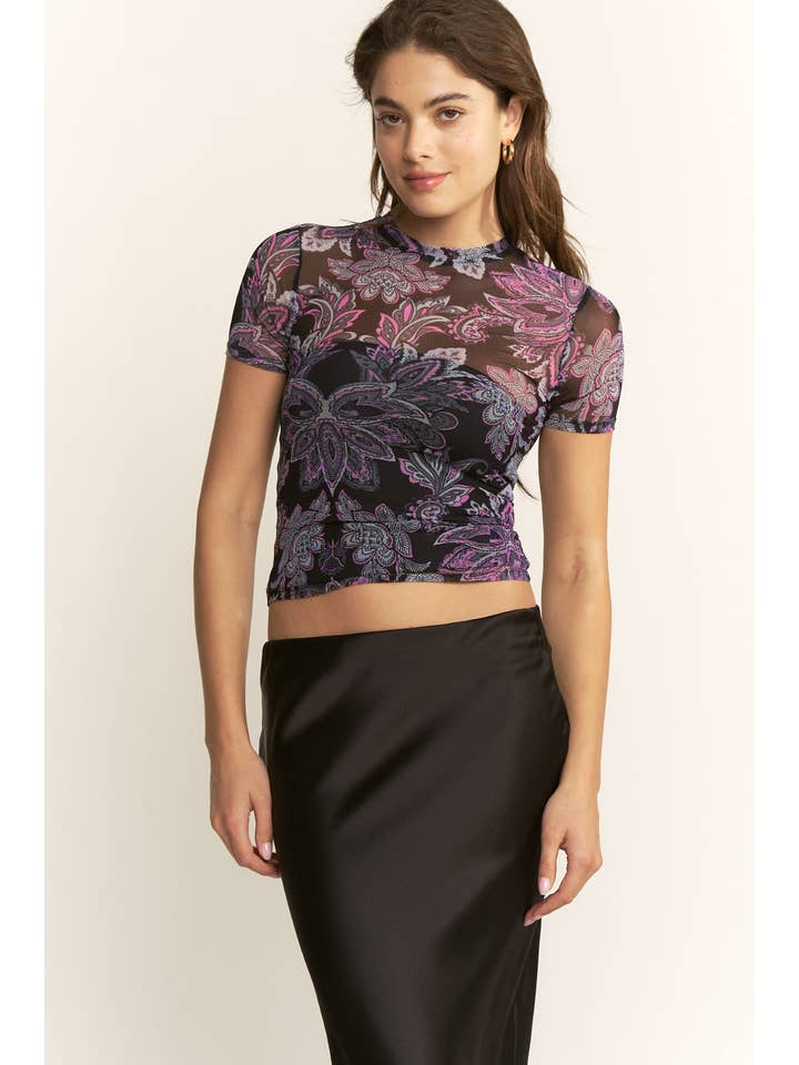 YNEZ - Wholesale Blouse - Women's - Boho Paisley Crew Neck Mesh Dressy Cocktail Top Tee11