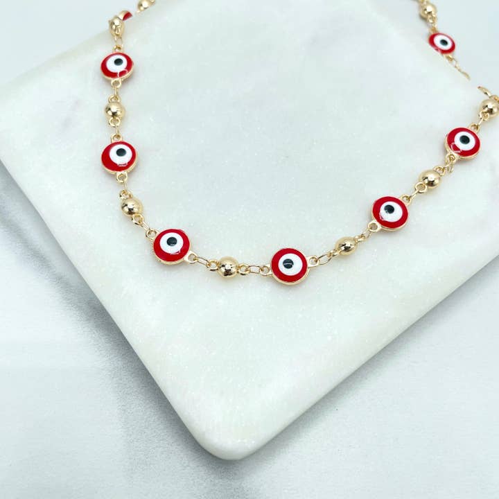 DIJU Jewelry - Wholesale Pendant/Charm Necklace - 18k Gold Filled Red or Black Enamel Evil Eyes Linked with Gold Balls Necklace, Protective & Lucky Jewel, Wholesale Jewelry Making Supplies4