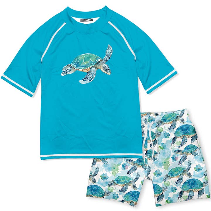 Turquoise Turtle Wonder Short-Sleeve Rashguard Set for wholesale by Millie Loves Lily