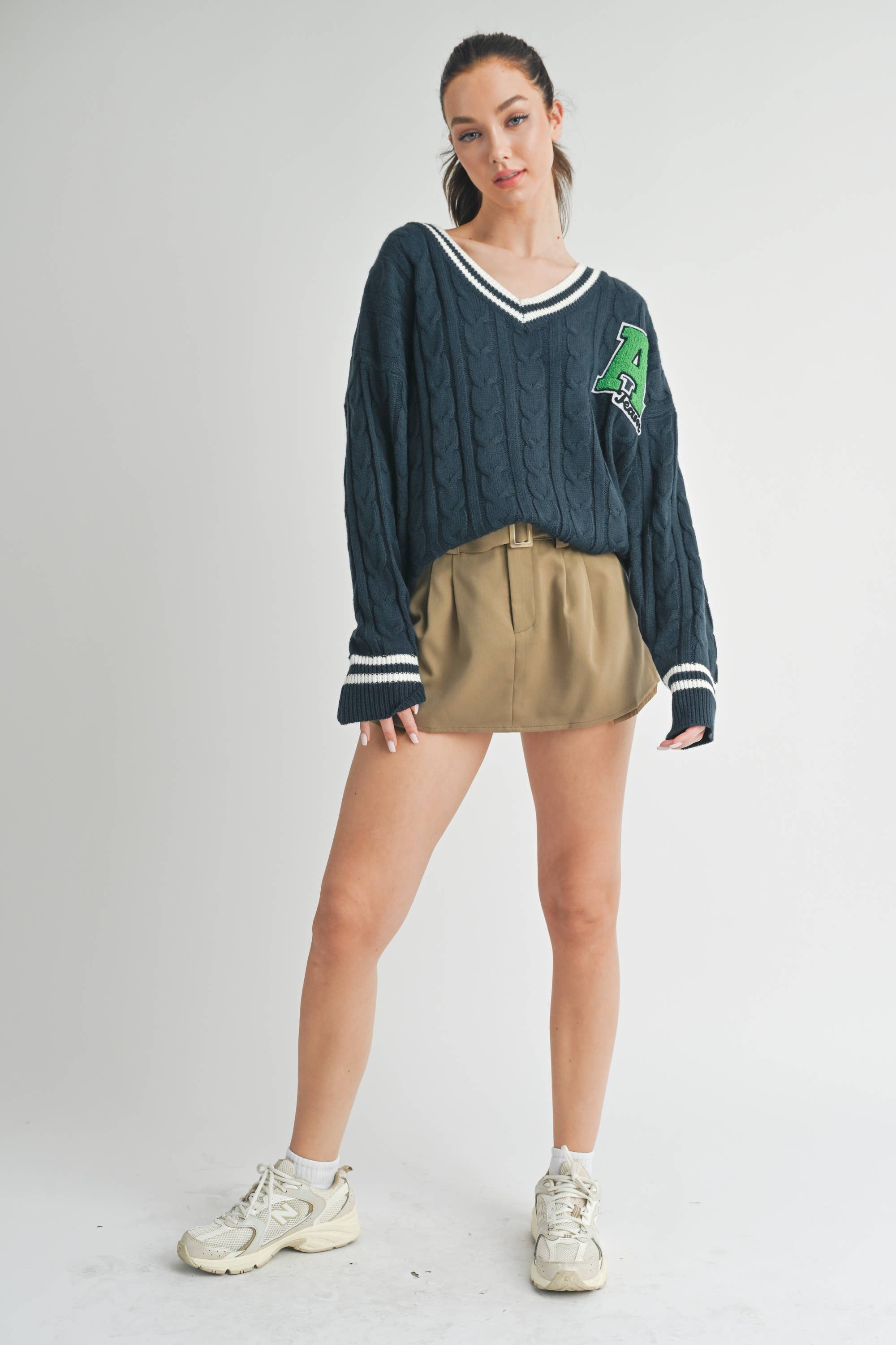 Klesis - Wholesale Knit Sweater - Women's - IT2990 VARSITY PATCH V NECK CABLE KNIT SWEATER7