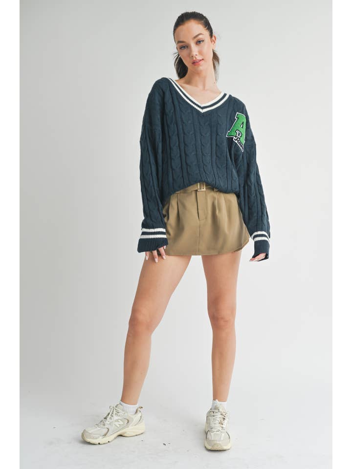 Klesis - Wholesale Knit Sweater - Women's - IT2990 VARSITY PATCH V NECK CABLE KNIT SWEATER7