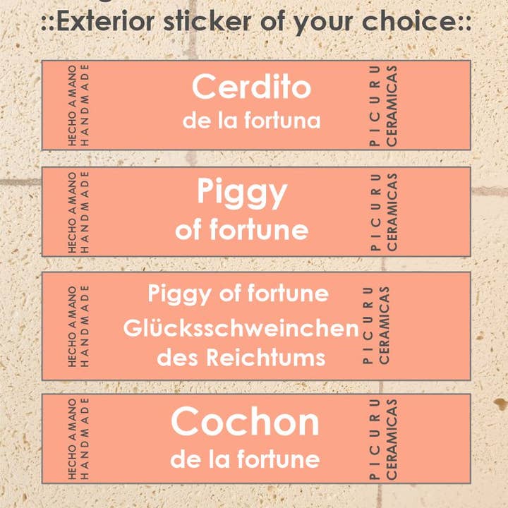 Picuru ceramicas – Großhandel Dekofigur – Glücks-Schwein Amulett mit goldener Glasur – 5 Sprachen3