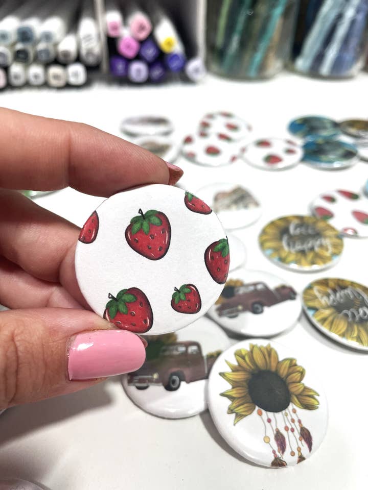 PIN BACK BUTTON "STRAWBERRIES" for wholesale by KossHart
