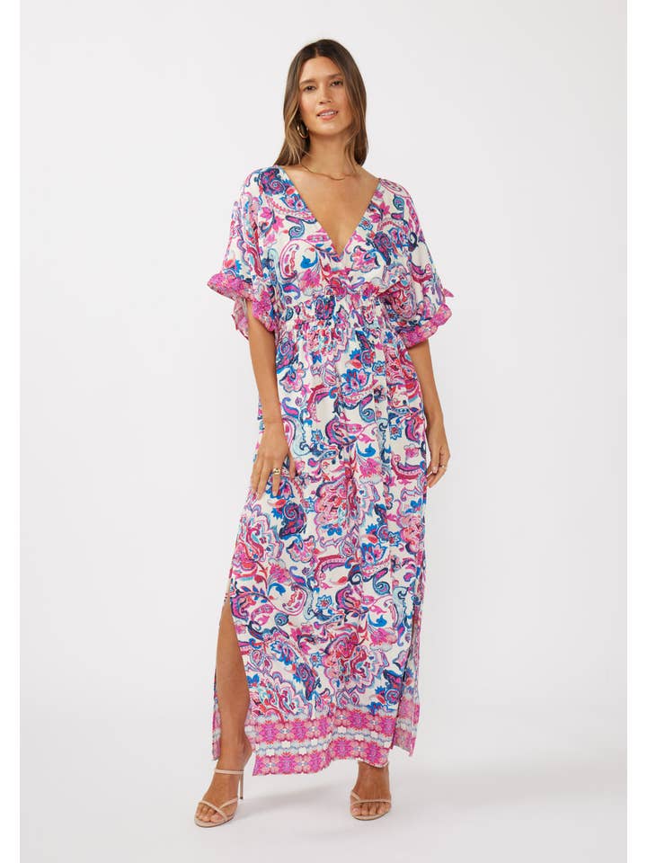 Natural Dusty Pink Floral Kimono Sleeve Smocked Waist Maxi Dress for wholesale on Faire5