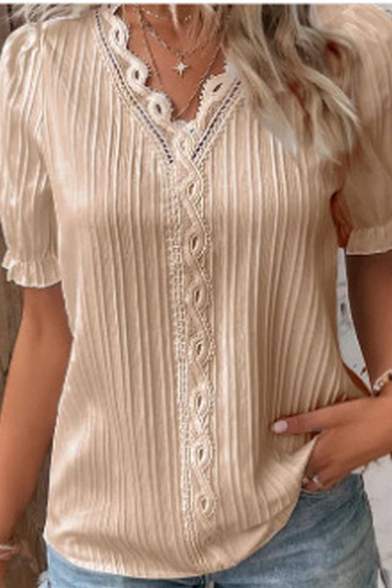 NINEXIS - Vente Chemisier – femme - CWTBLS1468_CHEMISE UNIE À MANCHES COURTES À COL EN V AJOURÉ8