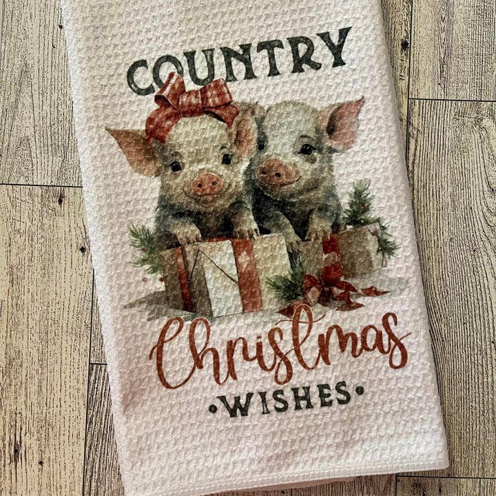 Torchon à vaisselle en tissu gaufré Country Christmas Pigs pour la vente par Prairie Chicken Sticker Shop & Gifts
