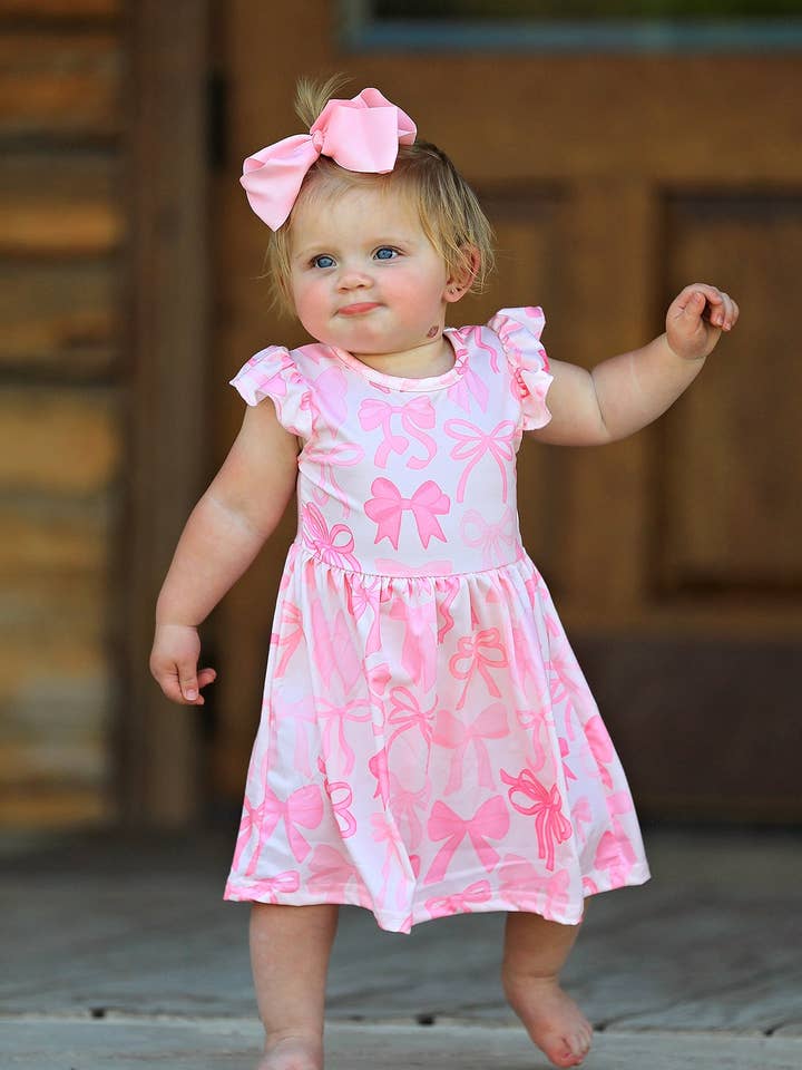 Bow Print Flying Sleeve Girls Dress for wholesale by Rylee Faith Designs