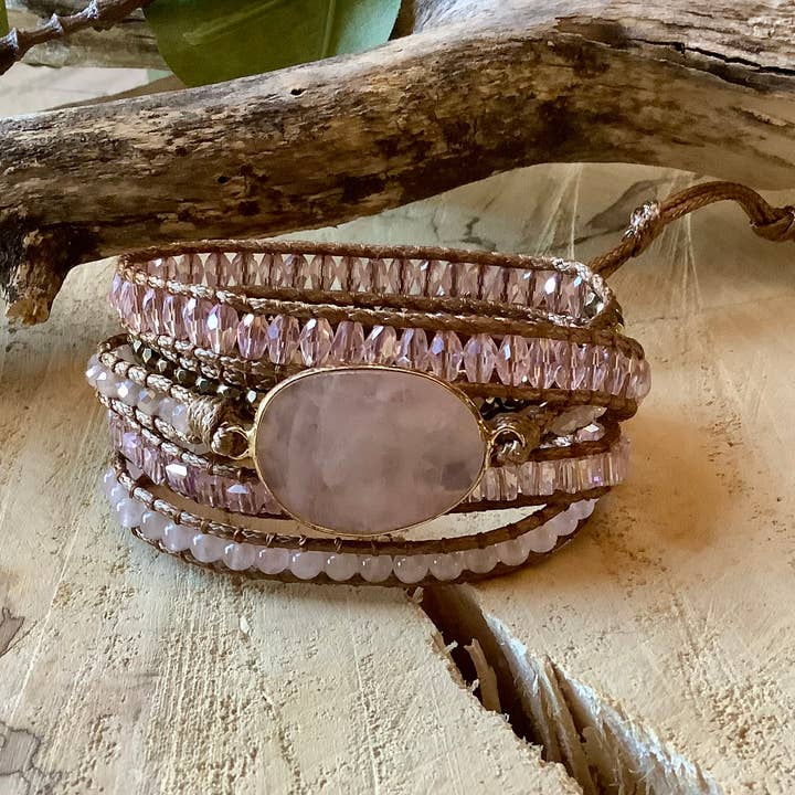 Bracelet, beaded pink quartz wrap leather vegan bracelet for wholesale by Beautiful Boundaries