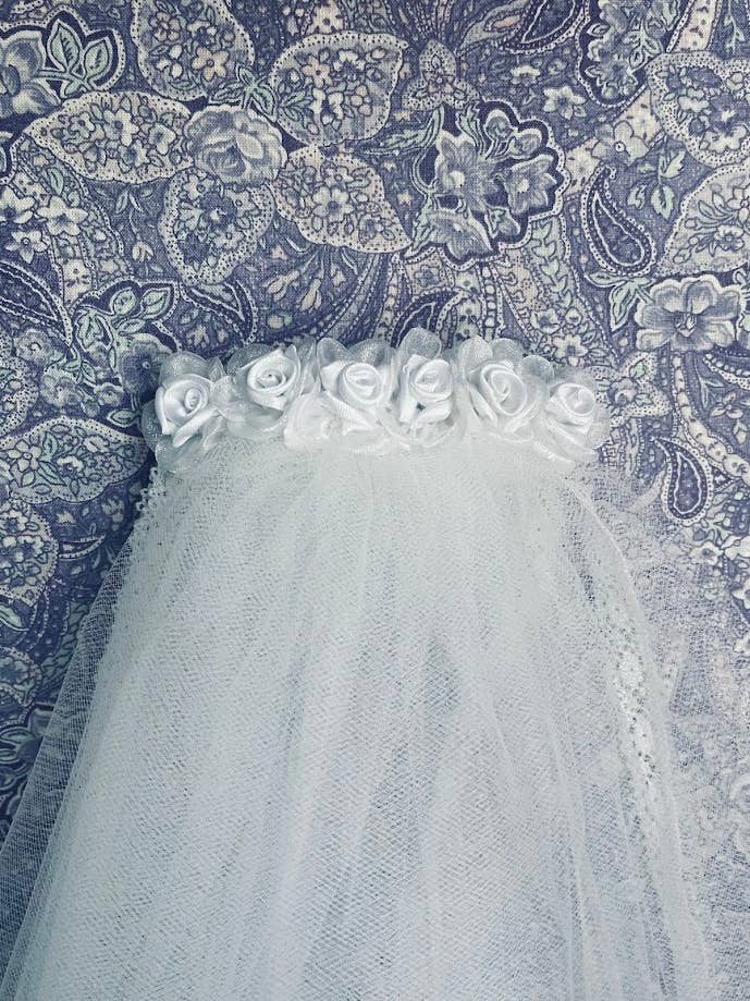 First 1st Communion Veil White Satin/Organza Flowers on Comb for wholesale by Lace and Grace Veils