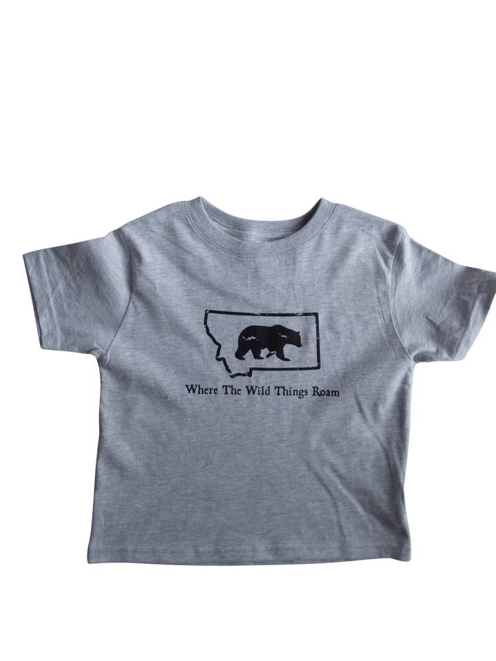 Camiseta infantil cinza com urso selvagem preto por atacado de Montana Tees