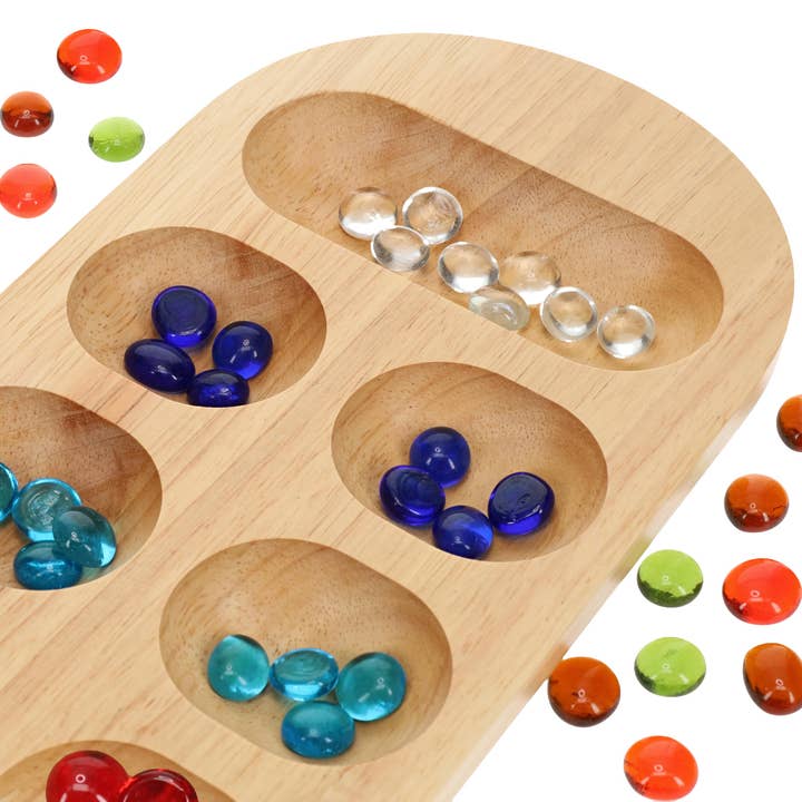 Wood Expressions - Wholesale Board Game - Solid Wood Mancala Board Game with Glass Stones - 22 in.