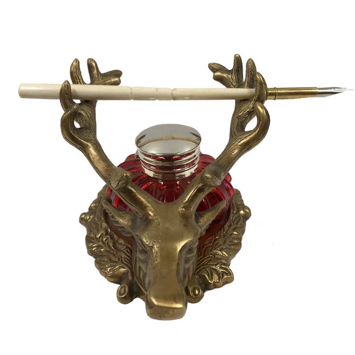 Madison Bay Co. - Historical Home Decor Reproductions - Wholesale Pen & Pencil Holder - 6-1/2" Antiqued Brass Stag Inkwell Stand w/wo Accessories