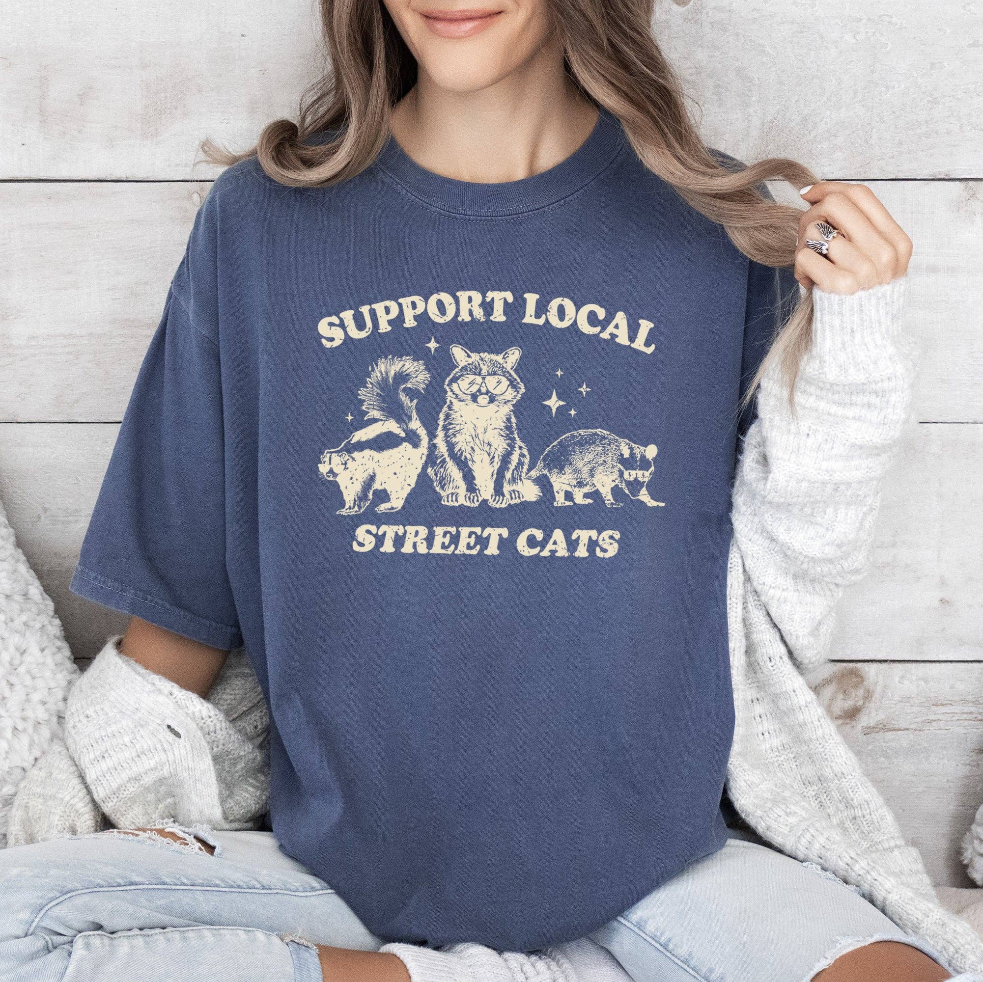Refinery Number One LLC - Wholesale Tunic - Women's - Support Local Street Cats, Raccoon, Skunk, Possum, Meme, Funny, Aesthetic, Comfort Colors Tshirt1