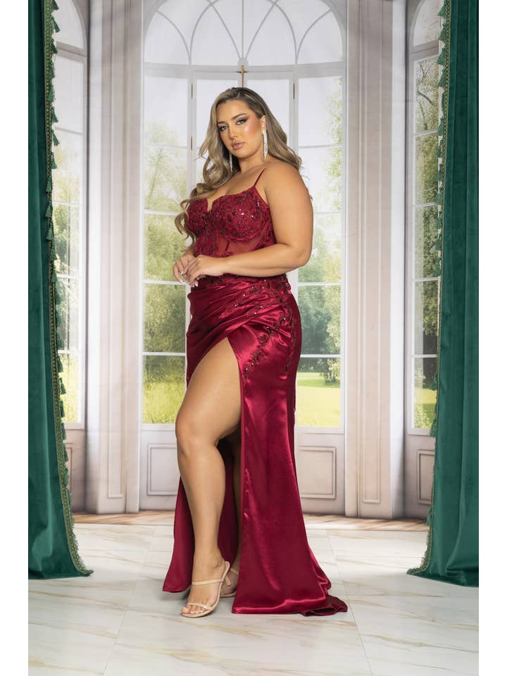RICARICA INC. - Wholesale Gown - Women's - P7506-PLUS SIZE CORSET BEADED AND EMBROIDERED MAXI DRESS