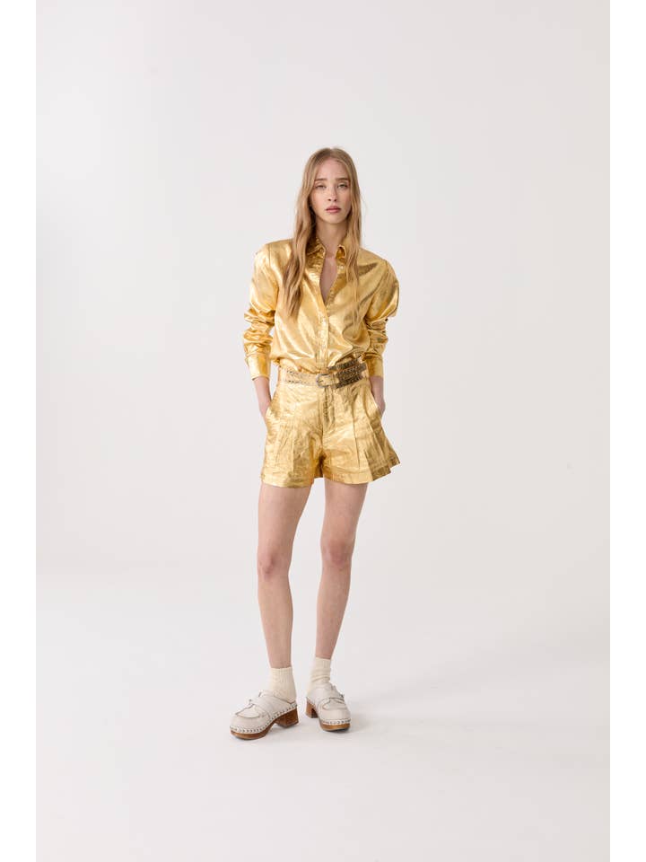 Guld Frida Metallic Hør Shorts - Guld for engroshandel på Faire6