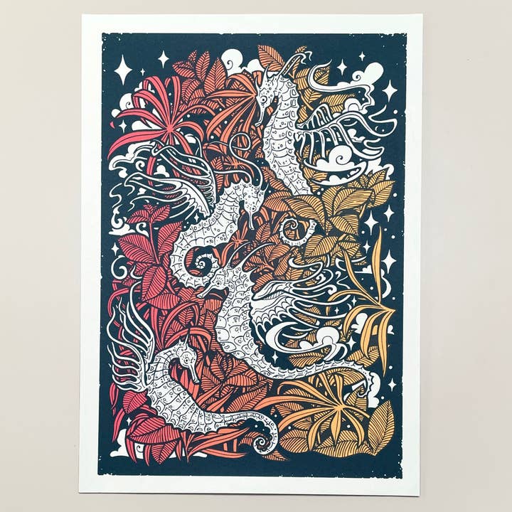 Playful Seahorses Screen Print for wholesale by flight & fancy