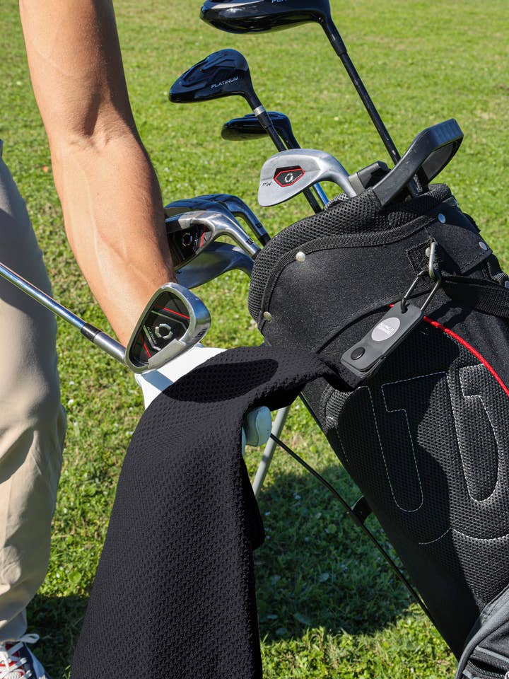 Magnetic Waffle Weave Microfiber Golf Towel with Clip Black for wholesale by Playing It Forward