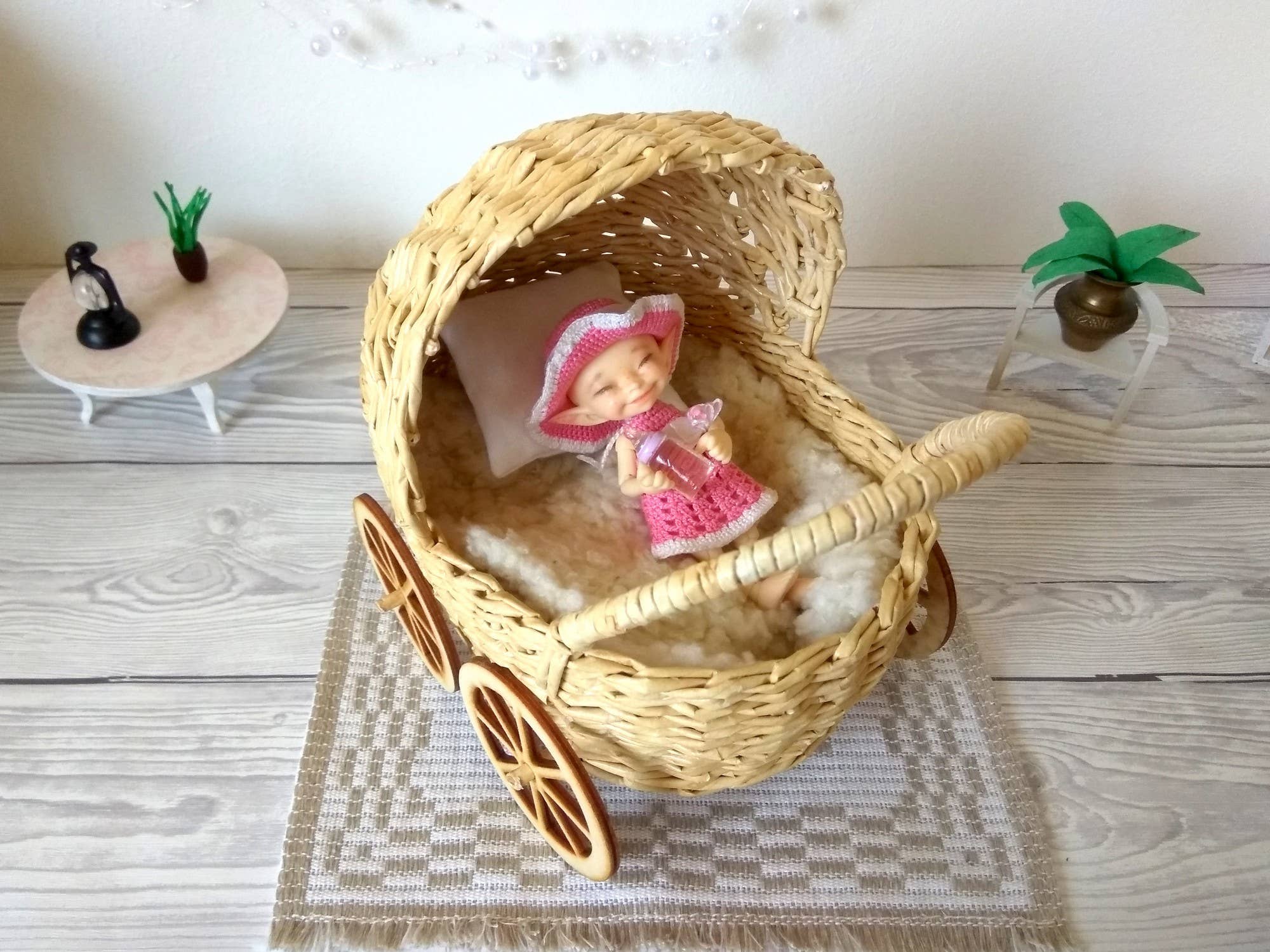 Lenasminiland - Wholesale Doll Accessory Kit - Kids - Miniature baby carriage, rattan look wicker doll stroller wi8