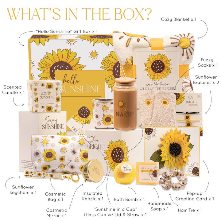 The Love Crate Co. - Wholesale Gift Box - The Love Crate Co Sunflower Gifts for Women, 15pc Custom Gift Box for Women. Get Well Soon Gift Baskets for Women, You Are My Sunshine Gifts, Care Package For Women Thinking of You, Wellness Gifts.