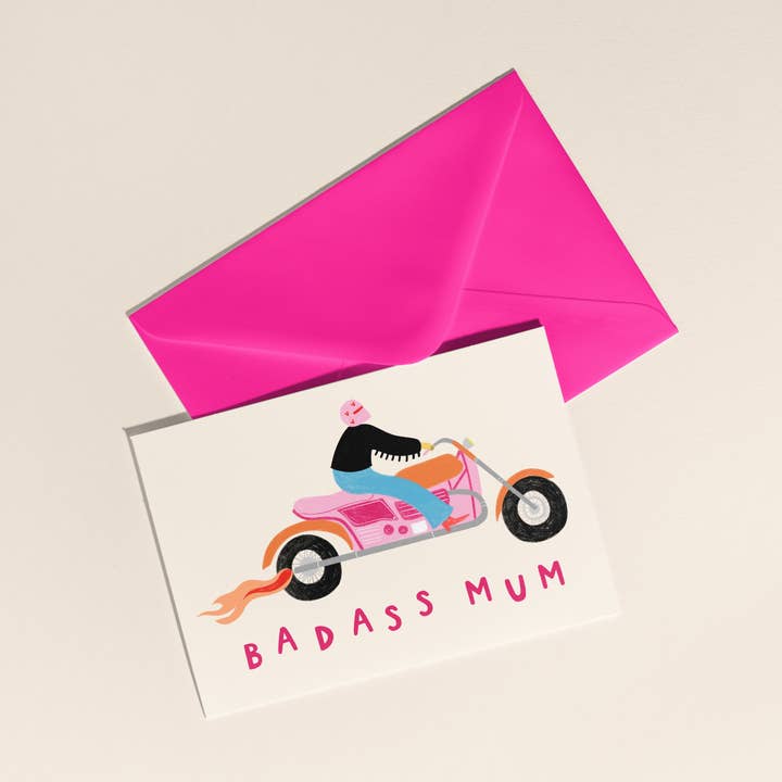 Badass Mum Card | Biker Motorcycle Mother's Day Card for wholesale by Little Black Cat Illustrated Goods