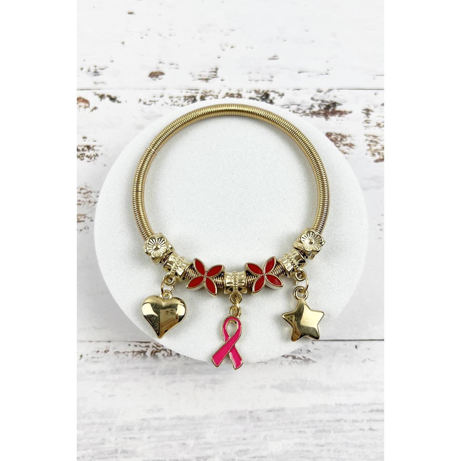 ASSORTED BREAST CANCER AWARENESS PINK RIBBON CHARM BANGLE BRACELET for wholesale on Faire2