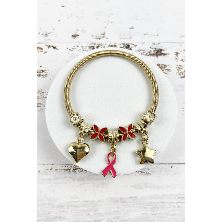 ASSORTED BREAST CANCER AWARENESS PINK RIBBON CHARM BANGLE BRACELET for wholesale on Faire2