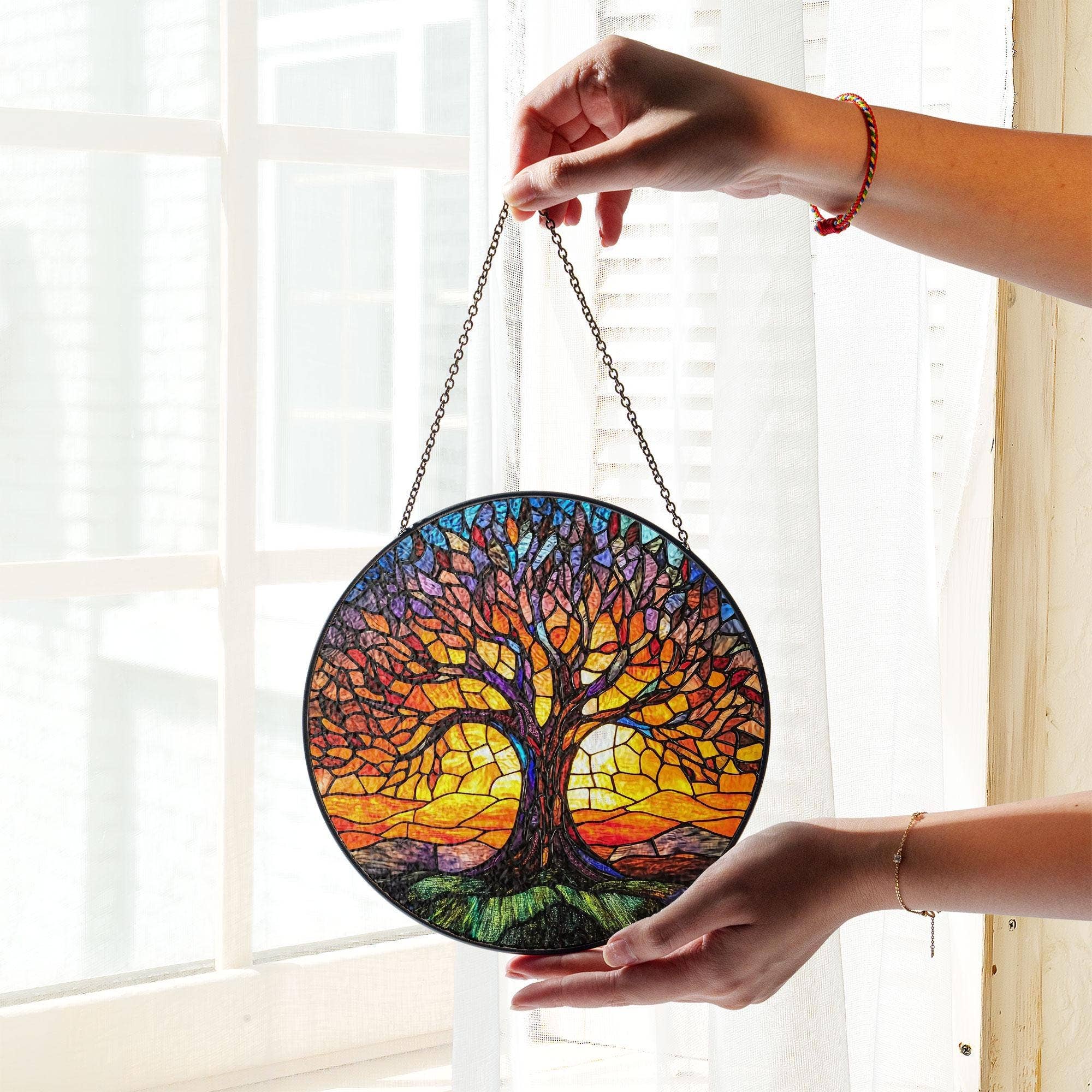 NVC Ecommerce LLC - Vente Attrape-soleil - Attrape-soleil en vitrail Arbre de Vie, Décor d'automne2