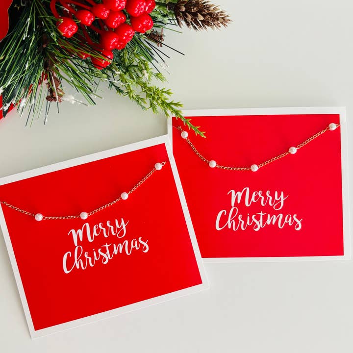 Peddle Your Paper - Wholesale Beaded/Pearl Necklace - Merry Christmas Pearl Necklace on Stationery Card Gift