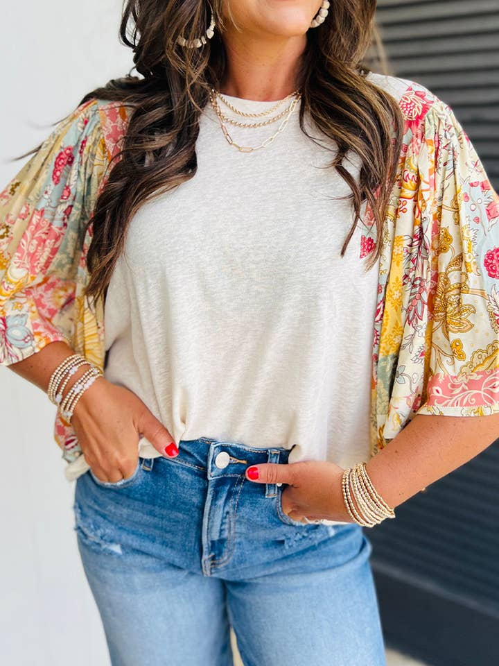 Beige Floral Patchwork Half Batwing Sleeve Blouse for wholesale on Faire