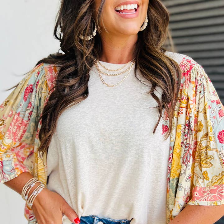 Beige Floral Patchwork Batwing Sleeve Round Neck Blouse for wholesale by Suhkasana