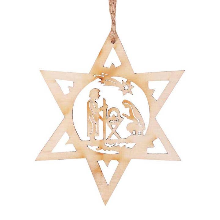 ORNAMENT STAR WITH HOLY FAMILY WOOD 3.875" for wholesale by Cottage Garden