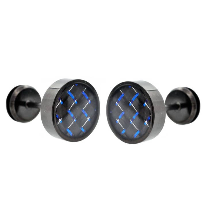 9 mm zwarte roestvrijstalen oorbellen voor heren met blauwe koolstofvezel voor wholesale door Blackjack Mens Jewelry