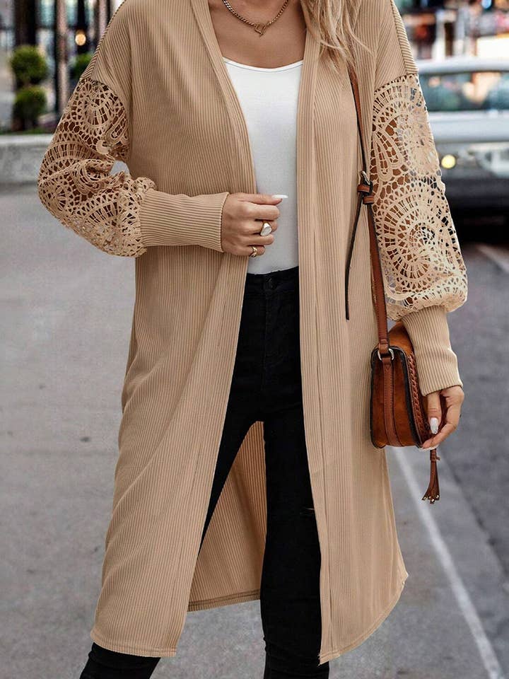 Lace Patchwork Ribbed Open Front Duster Cardigan for wholesale by PartyEight