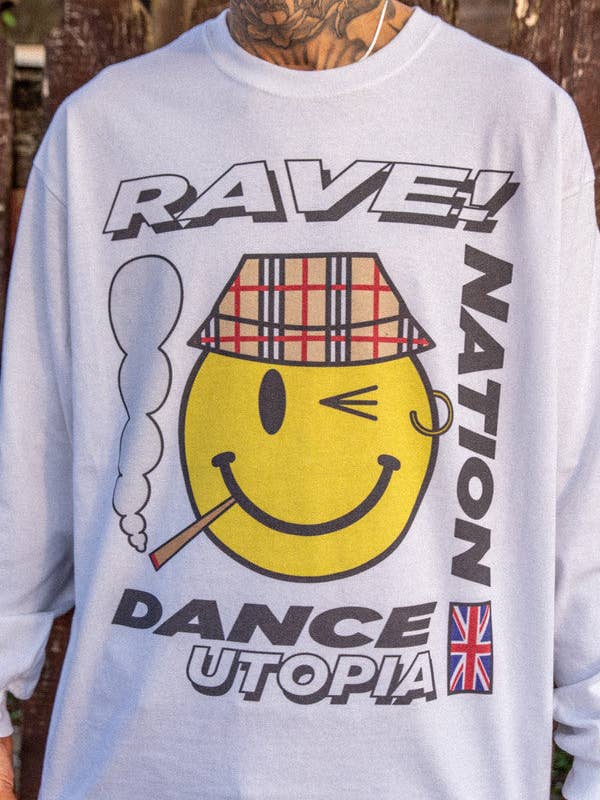 Long Sleeved T-Shirt in White With Rave Nation Print for wholesale by Dream But Do Not Sleep