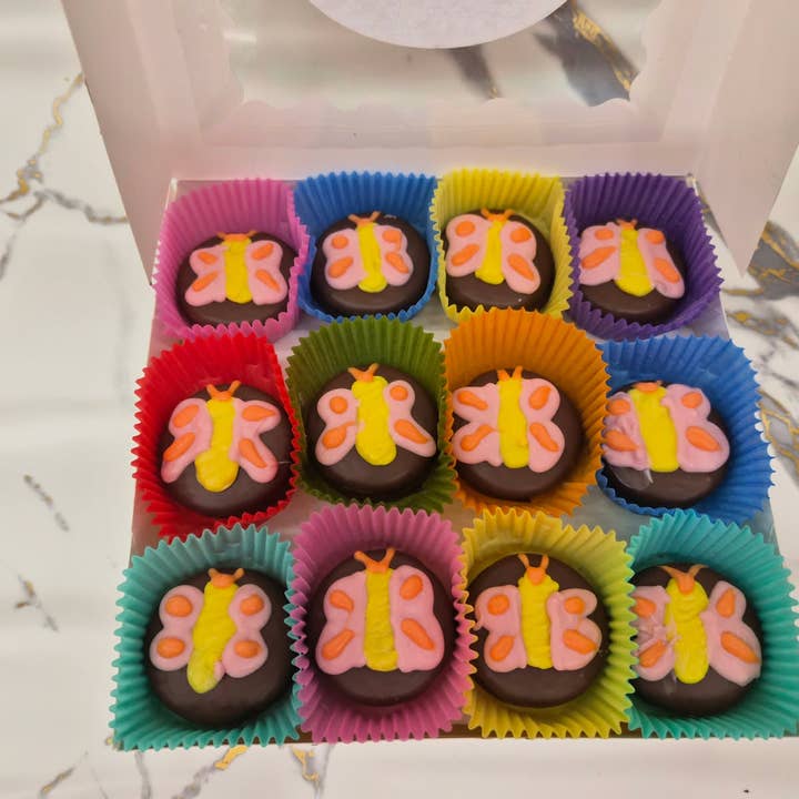 Butterfly Oreo's Hand Decorated box of 24 for wholesale by Bear Creek Candy Kitchen