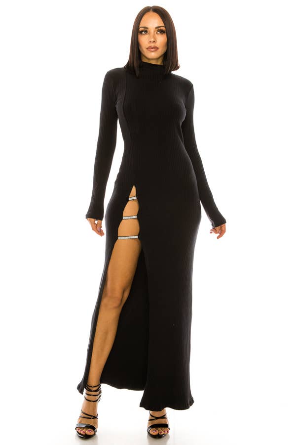 A3 Design USA - Wholesale Dress - Women's - SOLID RIB SIDE SLIT MAXI DRESS