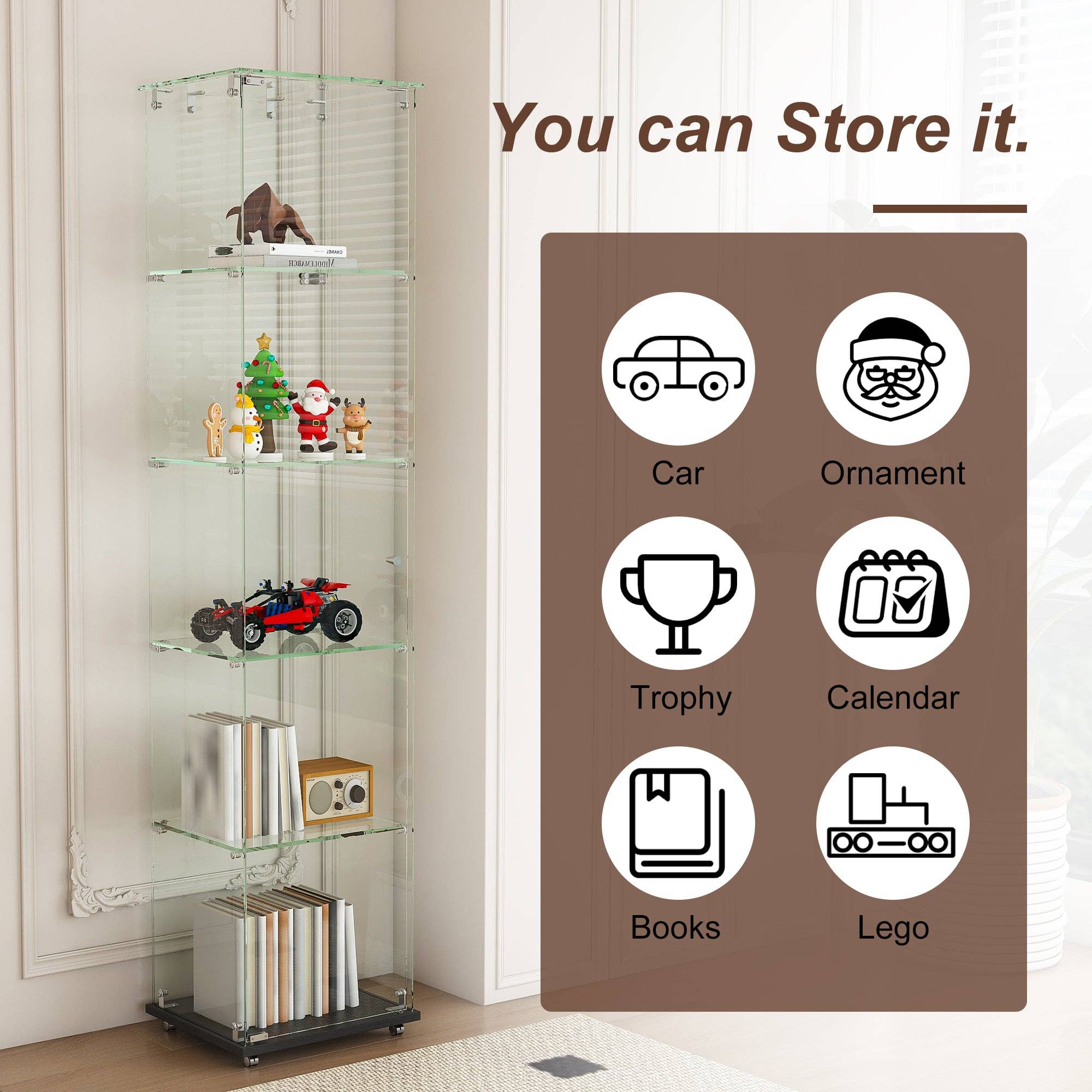 39F Inc. - Wholesale Bookcase - Premium 5-Tier Glass Display Case with 5 Dynamic LED Modes, Single Door Tempered Glass Bookshelf for Collectibles & Decor, Floor Standing Display Cabinet for Home & Office, Easy Assembly5