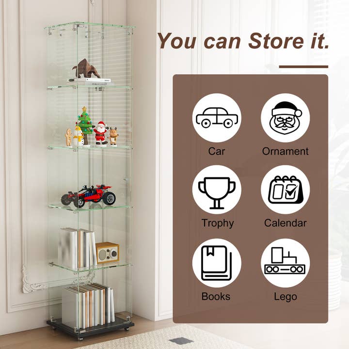 39F Inc. - Wholesale Bookcase - Premium 5-Tier Glass Display Case with 5 Dynamic LED Modes, Single Door Tempered Glass Bookshelf for Collectibles & Decor, Floor Standing Display Cabinet for Home & Office, Easy Assembly5