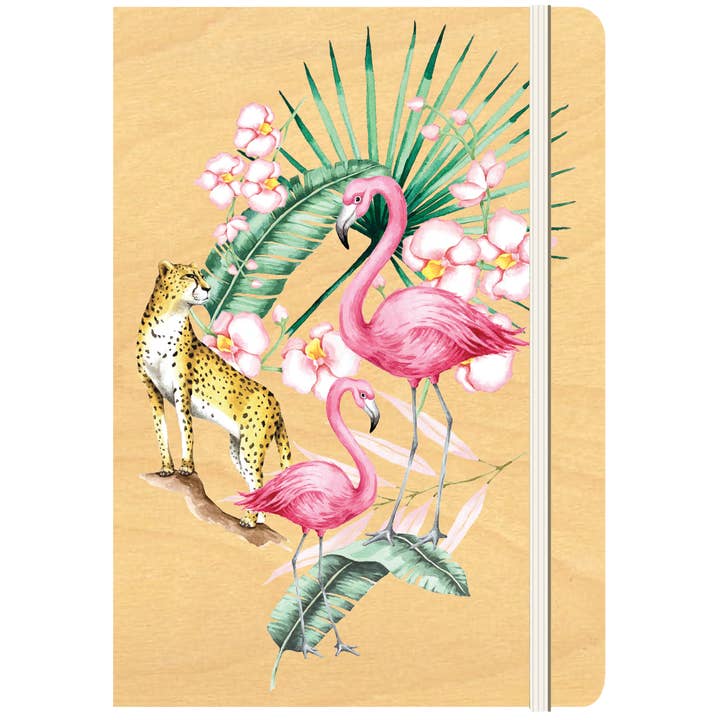 Diario con copertina in legno, formato A5 (bianco), motivo: Flamingo Jungle per la vendita all'ingrosso da parte di Greenigo