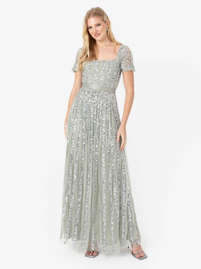 Maya Sage Green Stripe Embellished Square Neck Maxi Dress for wholesale by Plaza Collection Ltd