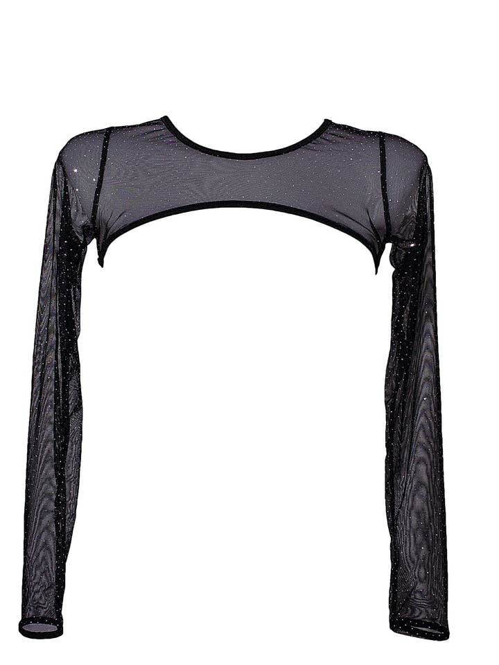 Super Crop Top Langarm Transparent Glitzer Mesh Schwarz / SUPER CROP Schwarze Glitzer für den Großhandel von EXES LINGERIE