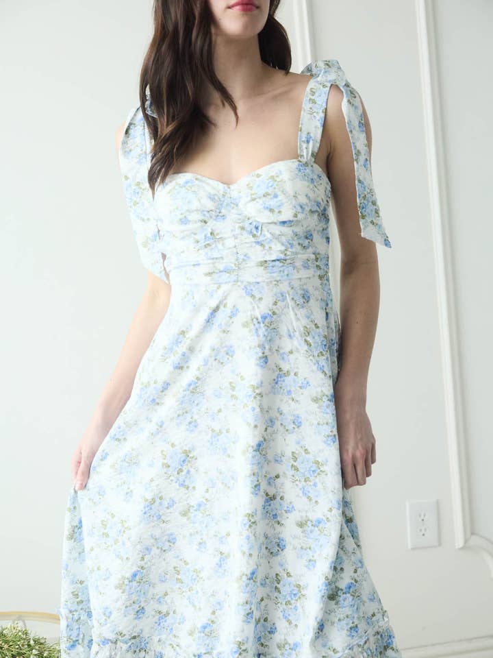 Blu Pepper - Wholesale Dress - Women's - FLORAL TIE STRAP RUCHED DETAIL MAXI DRESS