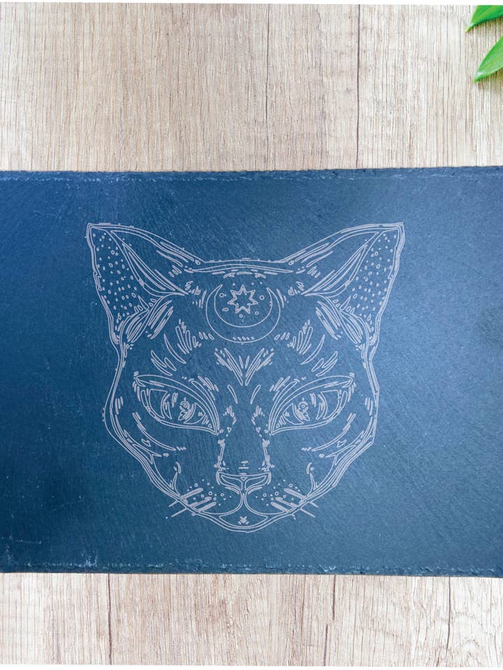 12" Engraved Slate Lunar Moon Cat Kitchen Trivet Hot Plate for wholesale by Three Witches Tea Shop