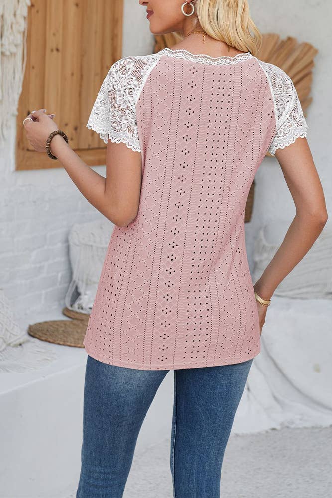 UNISHE - Vente Chemisier – femme - Top à manches courtes et col en V à œillets en crochet en dentelle ZK108111