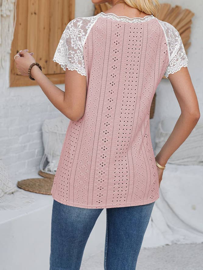 UNISHE - Vente Chemisier – femme - Top à manches courtes et col en V à œillets en crochet en dentelle ZK108111