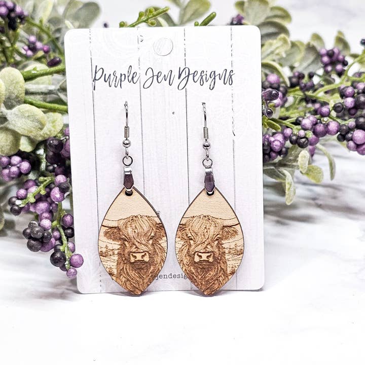 Wooden Highland cow earrings - rustic nature inspired for wholesale by Jennifer Hughey