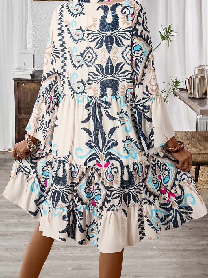 White Tribal Bracelet Sleeve Buttoned Mini Dress for wholesale on Faire
