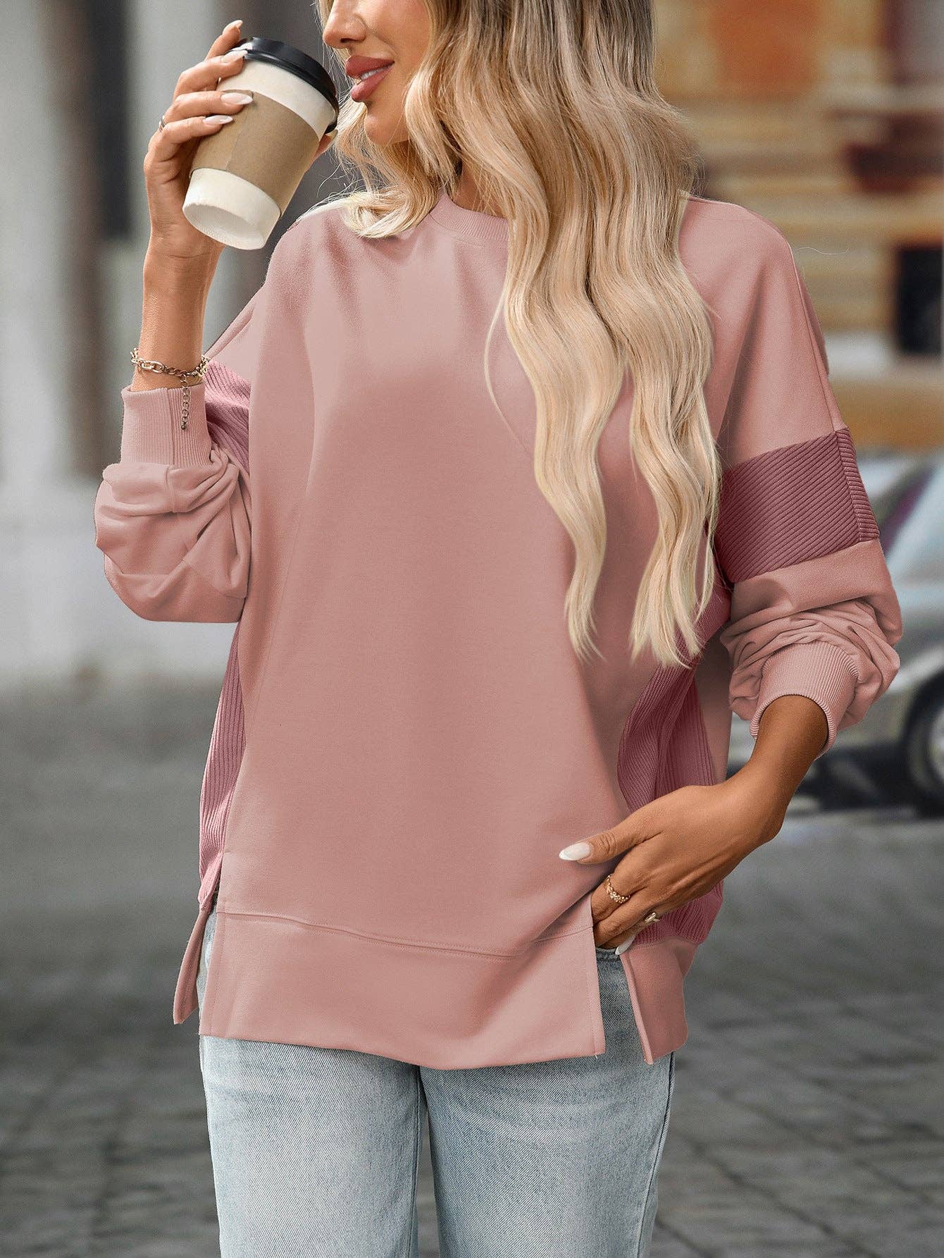 Suhkasana – wholesale Sweatshirt - Dam – Rosa färgblock rundhalsad löst sittande sweatshirt-topp5