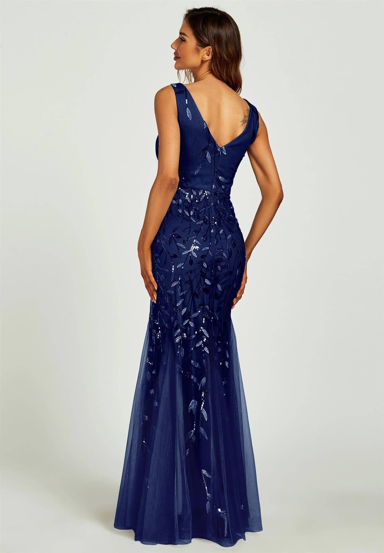 Sequin Leaf Detailed V Neck Bridesmaid Maxi Dress In Navy for wholesale on Faire3