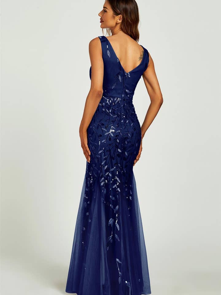 Sequin Leaf Detailed V Neck Bridesmaid Maxi Dress In Navy for wholesale on Faire3
